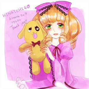 Rating: Safe Score: 0 Tags: 1girl blonde_hair blush bow dress drill_hair english_text green_eyes heart hina_ichigo hinaichigo image solo striped stuffed_animal User: admin