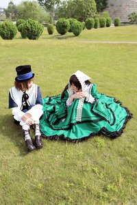 Rating: Safe Score: 0 Tags: blue_dress brown_hair dress grass green_dress hat long_sleeves multiple_cosplay sitting suiseiseki tagme User: admin