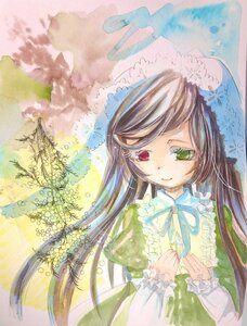 Rating: Safe Score: 0 Tags: 1girl bangs brown_hair dress flower frills green_dress green_eyes heterochromia image long_hair long_sleeves looking_at_viewer red_eyes smile solo suiseiseki watercolor_(medium) User: admin