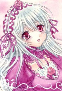 Rating: Safe Score: 0 Tags: 1girl blush dress flower frills image lolita_fashion long_hair looking_at_viewer open_mouth pink_flower pink_rose ribbon rose silver_hair smile solo suigintou traditional_media User: admin