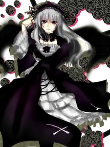 Rating: Safe Score: 0 Tags: 1girl black_dress detached_collar dress flower frills hairband image long_hair long_sleeves looking_at_viewer red_eyes rose silver_hair smile solo suigintou wings User: admin