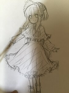 Rating: Safe Score: 0 Tags: 1girl alice_margatroid bow capelet dress frills full_body image looking_at_viewer monochrome shinku sketch smile solo standing traditional_media User: admin