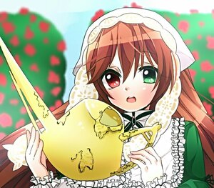 Rating: Safe Score: 0 Tags: 1girl blurry blurry_background blurry_foreground blush brown_hair depth_of_field dress food frills green_dress green_eyes head_scarf heterochromia holding image long_hair long_sleeves open_mouth red_eyes ribbon solo suiseiseki User: admin