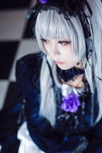 Rating: Safe Score: 0 Tags: 1girl 3d bangs blurry blurry_background blurry_foreground closed_mouth depth_of_field dress flower gothic_lolita hairband lips lolita_fashion photo red_eyes rose solo suigintou User: admin