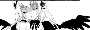 Rating: Safe Score: 0 Tags: 1girl black_wings closed_eyes detached_collar dress feathered_wings feathers greyscale hairband image long_hair long_sleeves monochrome open_mouth ribbon simple_background solo suigintou upper_body white_background wings User: admin