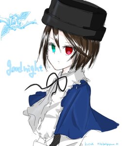 Rating: Safe Score: 0 Tags: 1girl black_headwear brown_hair bug butterfly capelet green_eyes hat heterochromia image insect looking_at_viewer red_eyes ribbon short_hair solo souseiseki striped top_hat white_background User: admin
