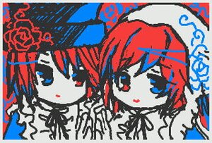 Rating: Safe Score: 0 Tags: 2girls blue_eyes border bow hair_bow hat image looking_at_viewer multiple_girls pair red_eyes red_hair short_hair simple_background souseiseki suiseiseki User: admin