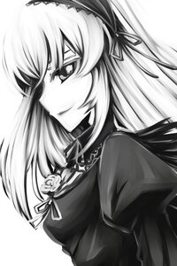 Rating: Safe Score: 0 Tags: 1girl closed_mouth dress greyscale hairband image long_hair long_sleeves looking_at_viewer monochrome ribbon simple_background smile solo suigintou upper_body white_background User: admin