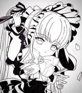 Rating: Safe Score: 0 Tags: 1girl dress eyebrows_visible_through_hair greyscale hairband image lolita_fashion long_hair long_sleeves looking_at_viewer monochrome ribbon shinku solo upper_body User: admin