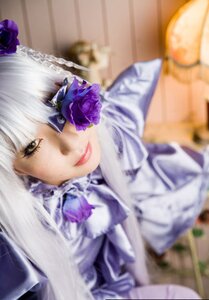 Rating: Safe Score: 0 Tags: 1girl barasuishou blurry blurry_background blurry_foreground depth_of_field flower hair_ornament lips long_hair looking_at_viewer photo purple_flower purple_rose smile solo white_hair User: admin