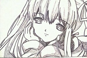 Rating: Safe Score: 0 Tags: 1girl eyebrows_visible_through_hair hair_ribbon image long_hair looking_at_viewer monochrome ribbon shinku smile solo traditional_media User: admin