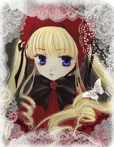 Rating: Safe Score: 0 Tags: 1girl blonde_hair blue_eyes bonnet bow bowtie bug butterfly flower image insect long_hair long_sleeves looking_at_viewer shinku solo twintails User: admin