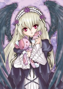Rating: Safe Score: 0 Tags: 1girl black_wings blonde_hair commentary_request dress feathered_wings feathers flower frills hairband highres image long_hair long_sleeves meru_(ren-meru) photoshop_(medium) pink_eyes purple_flower purple_rose rose rozen_maiden solo stuffed_animal stuffing suigintou teddy_bear white_hair wings User: admin
