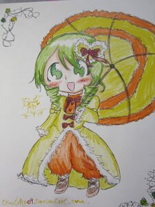 Rating: Safe Score: 0 Tags: 1girl :d blush colored_pencil_(medium) dress drill_hair flower full_body green_eyes green_hair hair_ornament holding holding_umbrella image kanaria leaf leaf_hair_ornament long_sleeves looking_at_viewer marker_(medium) monster_girl open_mouth parasol signature smile solo standing traditional_media umbrella User: admin