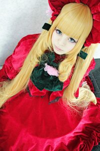 Rating: Safe Score: 0 Tags: 1girl bangs blonde_hair blue_eyes blunt_bangs bonnet bow dress lips long_hair looking_at_viewer red_dress shinku sidelocks solo User: admin