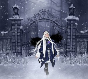 Rating: Safe Score: 0 Tags: 1girl architecture boots building closed_eyes hairband long_hair outdoors snow snowing solo standing suigintou white_hair wings winter User: admin
