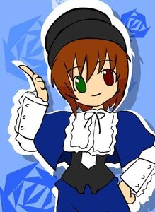 Rating: Safe Score: 0 Tags: 1girl blue_dress brown_hair dress green_eyes hat heterochromia image index_finger_raised long_sleeves looking_at_viewer pointing red_eyes short_hair simple_background smile solo souseiseki User: admin