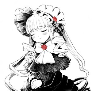 Rating: Safe Score: 0 Tags: 1girl bangs blunt_bangs blush bonnet closed_eyes dress drill_hair flower frills image long_hair long_sleeves monochrome red_flower red_rose rose shinku simple_background solo twin_drills very_long_hair white_background User: admin