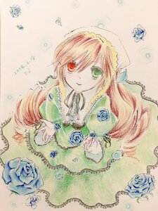 Rating: Safe Score: 0 Tags: 1girl blue_flower blue_rose brown_hair dress flower frills green_eyes head_scarf heterochromia image long_hair long_sleeves looking_at_viewer red_eyes rose smile solo suiseiseki traditional_media upper_body watercolor_(medium) User: admin