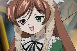 Rating: Safe Score: 0 Tags: 1girl :d brown_hair dress frills green_eyes heterochromia image long_hair looking_at_viewer open_mouth red_eyes ribbon smile solo suiseiseki User: admin