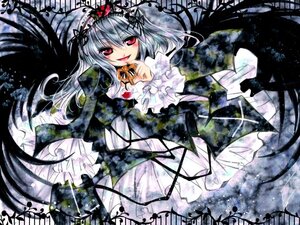 Rating: Safe Score: 0 Tags: 1girl black_wings dress flower frills gothic_lolita hairband image lolita_fashion long_hair long_sleeves looking_at_viewer open_mouth pink_eyes red_eyes rose silver_hair smile solo suigintou wings User: admin