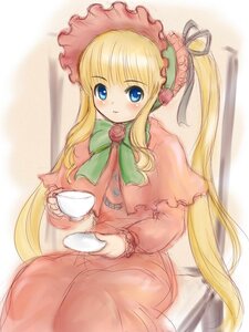Rating: Safe Score: 0 Tags: 1girl blonde_hair blue_eyes blush bonnet bow bowtie capelet commentary_request cup dress drill_hair ginjyasei green_bow holding holding_cup image long_hair long_sleeves looking_at_viewer rozen_maiden saucer shinku sidelocks sitting solo table tea teacup twintails very_long_hair User: admin