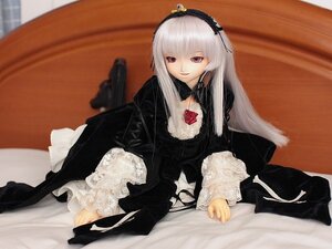 Rating: Safe Score: 0 Tags: 1girl black_dress doll dress flower frills hairband long_hair long_sleeves looking_at_viewer pink_eyes rose silver_hair sitting solo suigintou User: admin