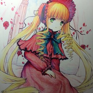 Rating: Safe Score: 0 Tags: 1girl blonde_hair bow bowtie capelet dress flower green_bow green_eyes image long_hair looking_at_viewer marker_(medium) petals pink_flower pink_rose red_capelet red_flower red_rose rose rose_petals shinku solo traditional_media twintails very_long_hair User: admin