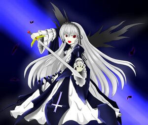 Rating: Safe Score: 0 Tags: 1girl black_wings dress feathers flower frills hairband image long_hair long_sleeves open_mouth red_eyes rose silver_hair solo suigintou very_long_hair wings User: admin