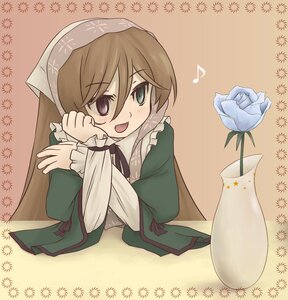 Rating: Safe Score: 0 Tags: 1boy 1girl blush brown_hair commentary_request cup dress eighth_note flower green_eyes hairband heterochromia image kumashiro long_hair musical_note open_mouth rose rozen_maiden smile solo suiseiseki vase User: admin