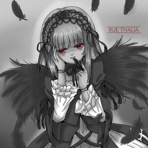Rating: Safe Score: 0 Tags: 1girl :p bird black_feathers black_wings dress feathered_wings feathers flower frilled_sleeves frills hairband image long_hair long_sleeves looking_at_viewer monochrome red_eyes ribbon rose solo suigintou tongue tongue_out white_feathers wings User: admin