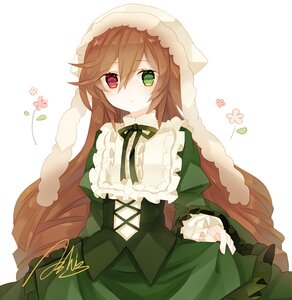 Rating: Safe Score: 0 Tags: 1girl brown_hair dress frills green_dress green_eyes heterochromia image long_hair long_sleeves looking_at_viewer red_eyes ribbon skirt_hold solo striped striped_background suiseiseki very_long_hair white_background User: admin