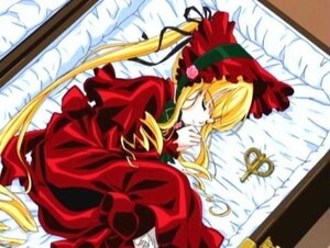 Rating: Safe Score: 0 Tags: 1girl blonde_hair bonnet bow closed_eyes dress image long_hair long_sleeves lying on_side red_dress rose shinku sleeping solo twintails very_long_hair User: admin