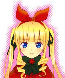 Rating: Safe Score: 0 Tags: 1girl blonde_hair blue_eyes blush bow bowtie drill_hair flower hair_ribbon halftone halftone_background image long_hair looking_at_viewer polka_dot polka_dot_background ribbon rose shinku sidelocks solo twintails User: admin