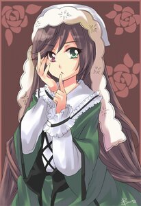 Rating: Safe Score: 0 Tags: 1girl auto_tagged bangs brown_hair dress flower frills green_dress green_eyes heterochromia image long_hair long_sleeves looking_at_viewer rose solo suiseiseki very_long_hair User: admin