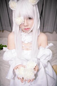 Rating: Safe Score: 0 Tags: 1girl animal_ears bangs bare_shoulders blurry blurry_background depth_of_field detached_sleeves dress eyepatch flower hair_ornament hair_over_one_eye kirakishou lips looking_at_viewer sitting solo white_dress white_flower white_hair User: admin