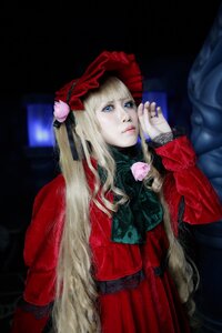 Rating: Safe Score: 0 Tags: 1girl bangs blonde_hair blue_eyes bonnet bow dress flower hat lips long_hair long_sleeves realistic red_dress shinku solo very_long_hair User: admin