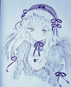 Rating: Safe Score: 0 Tags: 1girl blue_theme dress frills hair_ribbon hairband image long_hair long_sleeves looking_at_viewer monochrome puffy_sleeves ribbon solo suigintou traditional_media upper_body User: admin