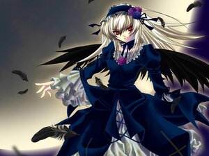 Rating: Safe Score: 0 Tags: 1girl bird black_wings blonde_hair dress feathers flower frills hairband image lolita_hairband long_hair long_sleeves looking_at_viewer red_eyes rose silver_hair solo suigintou wings User: admin