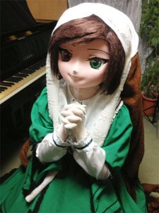 Rating: Safe Score: 0 Tags: 1girl brown_hair dress frills green_dress green_eyes hands_clasped hands_together head_scarf interlocked_fingers long_sleeves looking_at_viewer outdoors own_hands_together smile solo suiseiseki User: admin