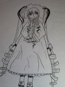 Rating: Safe Score: 0 Tags: 1girl capelet dress drill_hair full_body grey_background greyscale hat image long_dress long_hair long_sleeves looking_at_viewer monochrome shinku shoes solo standing traditional_media umbrella very_long_hair white_dress User: admin