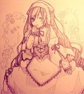 Rating: Safe Score: 0 Tags: 1girl auto_tagged blush dress eyebrows_visible_through_hair flower frills hairband image juliet_sleeves long_hair long_sleeves looking_at_viewer monochrome ribbon solo suiseiseki traditional_media very_long_hair User: admin