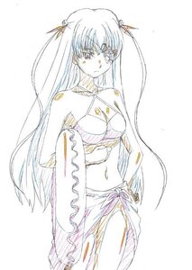 Rating: Safe Score: 0 Tags: 1girl barasuishou bare_shoulders breasts hair_ribbon image jewelry long_hair looking_at_viewer medium_breasts monochrome navel red_eyes sketch solo standing traditional_media User: admin