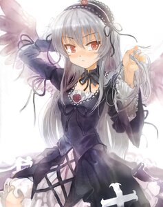 Rating: Safe Score: 3 Tags: 1girl black_dress black_wings blush commentary_request dress feathered_wings feathers flower frills gothic_lolita hairband image lolita_fashion long_hair long_sleeves looking_at_viewer purple_eyes red_eyes ribbon rose rozen_maiden silver_hair solo suigintou ultimate_asuka wings User: admin