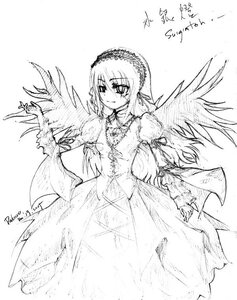 Rating: Safe Score: 0 Tags: 1girl dated dress feathered_wings feathers frills greyscale hairband image lolita_hairband long_hair long_sleeves looking_at_viewer monochrome ribbon simple_background smile solo suigintou very_long_hair white_background wings User: admin