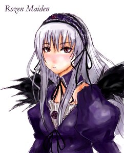 Rating: Safe Score: 0 Tags: 1girl black_wings blush cross-laced_clothes detached_collar dress flower frills hairband image juliet_sleeves long_hair long_sleeves looking_at_viewer pink_eyes puffy_sleeves silver_hair simple_background solo suigintou upper_body white_background wings User: admin