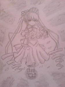 Rating: Safe Score: 0 Tags: 1girl bird dress feathers full_body image long_hair long_sleeves looking_at_viewer monochrome petals shinku solo standing traditional_media twintails very_long_hair User: admin