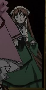 Rating: Safe Score: 0 Tags: 1girl :o apron brown_hair dress frills green_dress hat image long_hair long_sleeves open_mouth solo standing suiseiseki User: admin