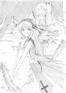 Rating: Safe Score: 0 Tags: 1girl feathered_wings greyscale hairband image long_hair looking_at_viewer looking_back monochrome ribbon solo suigintou wings User: admin