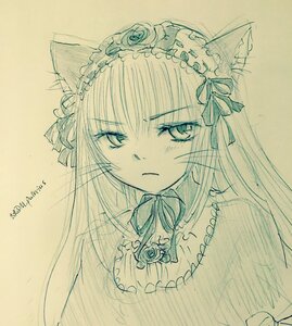 Rating: Safe Score: 0 Tags: 1girl animal_ears blush cat_ears closed_mouth flower image lolita_hairband long_hair monochrome ribbon rose simple_background solo suigintou traditional_media upper_body User: admin